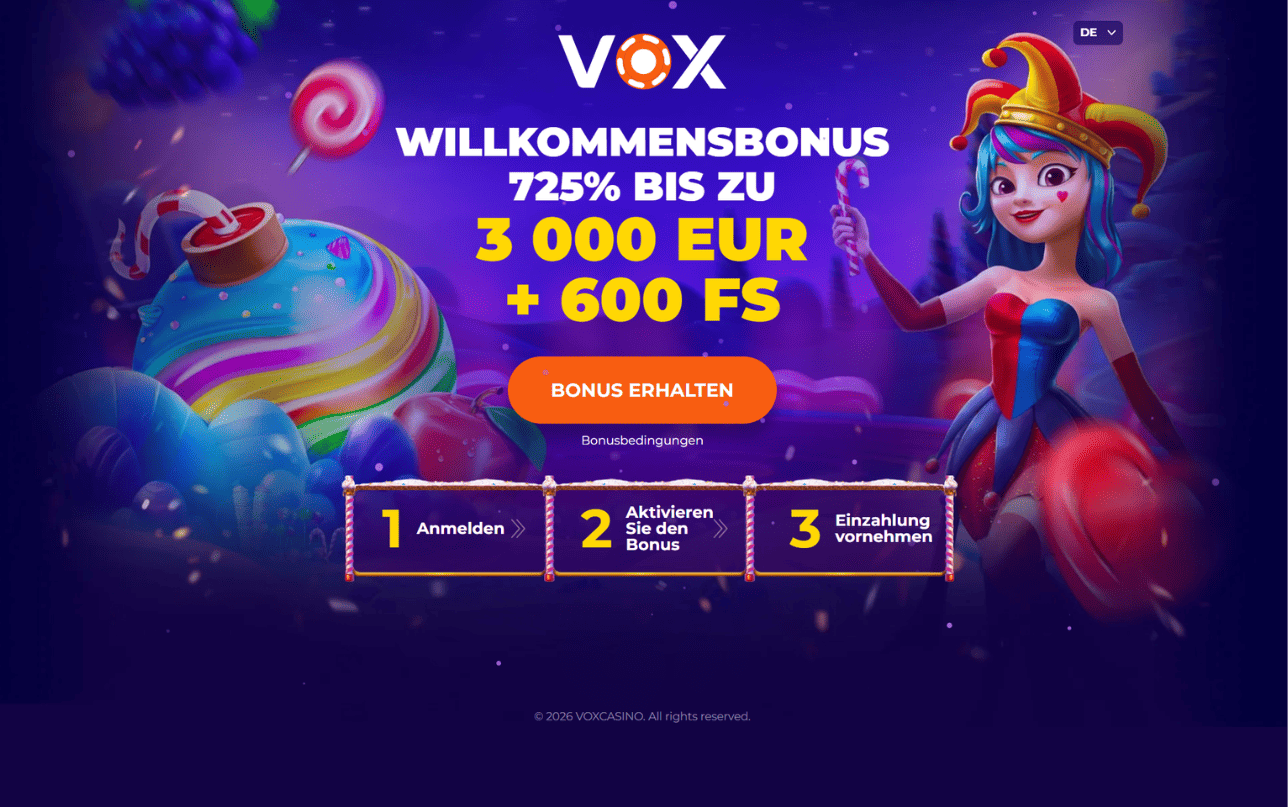 VOX Casino Willkommensbonus – bis zu 3.000 € + 600 Freispiele für österreichische Spieler